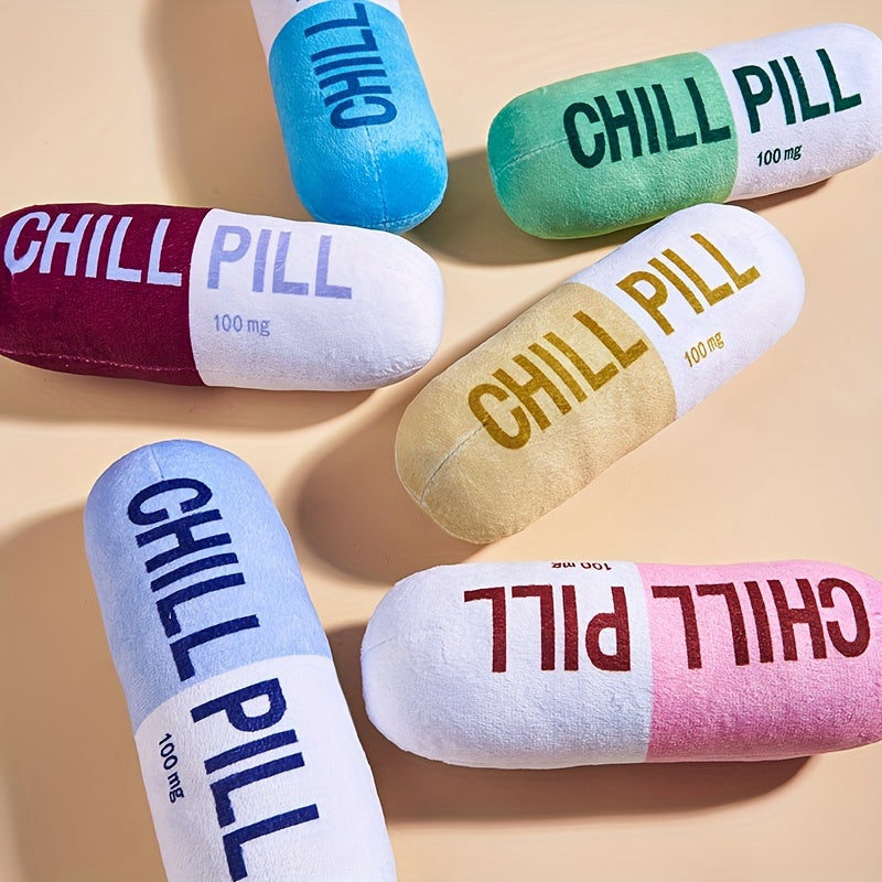All Breed Sizes Chill Pill Squeak Toy for Dogs  Polyester Plush Interactive Play  Cartoon Pattern No Battery Needed Stress Relief